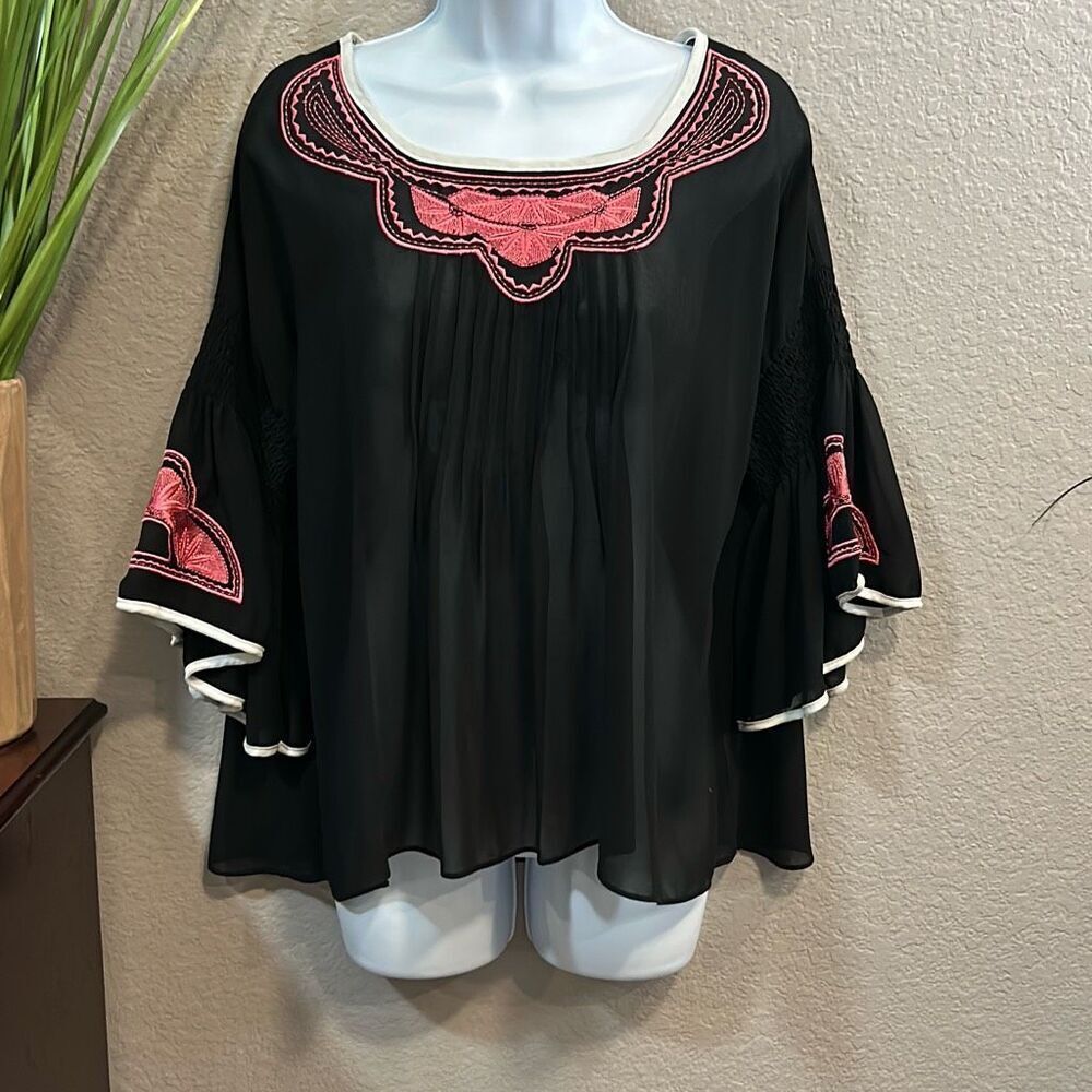 #431 Ketz-ke black sheer, embroidered short bell sleeve blouse size 14 large